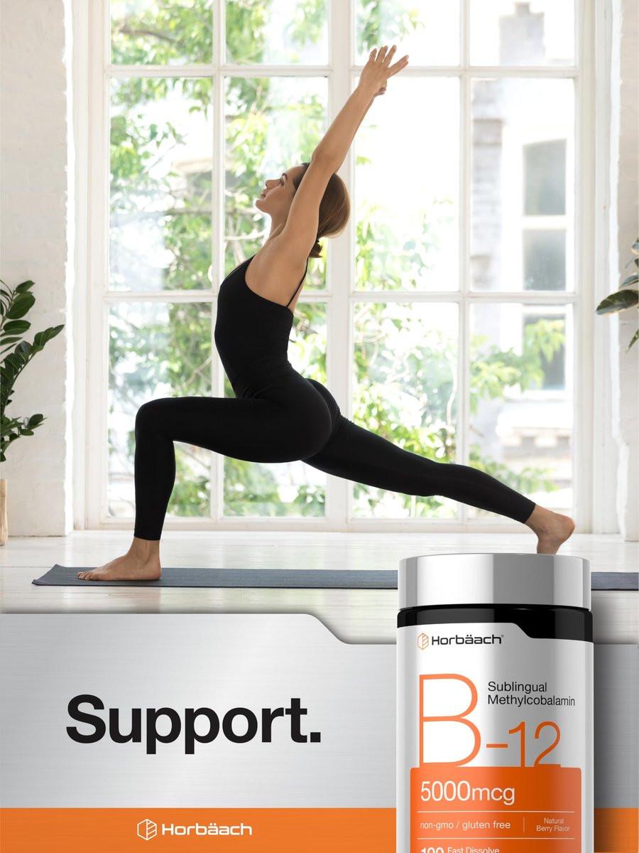 Horbäach B12 Vitamin 5000 mcg | 120 Schmelztabletten | Sublinguales Methylcobalamin | Natürlicher Beerengeschmack | Vegan, Non-GMO & Glutenfrei