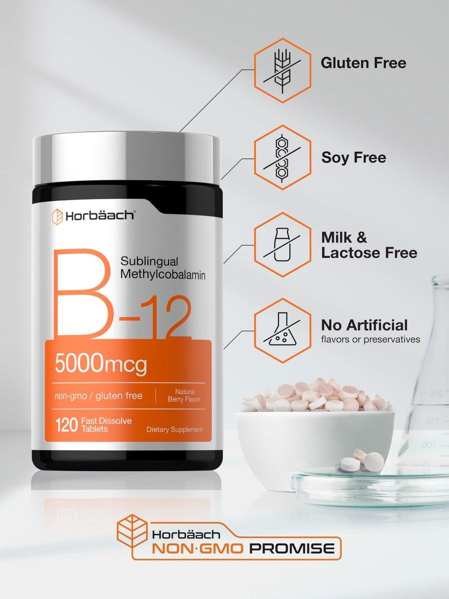 Horbäach B12 Vitamin 5000 mcg | 120 Schmelztabletten | Sublinguales Methylcobalamin | Natürlicher Beerengeschmack | Vegan, Non-GMO & Glutenfrei