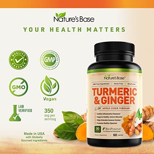 Nature's Base Kurkuma und Ingwer Kapseln mit Curcumin, Apfelessig und BioPerin Schwarzer Pfeffer Extrakt - 95% Curcuminoide - 60 Kapseln
