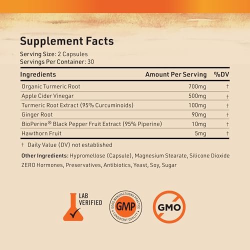 Nature's Base Kurkuma und Ingwer Kapseln mit Curcumin, Apfelessig und BioPerin Schwarzer Pfeffer Extrakt - 95% Curcuminoide - 60 Kapseln