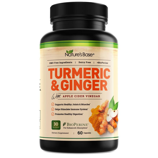 Nature's Base Kurkuma und Ingwer Kapseln mit Curcumin, Apfelessig und BioPerin Schwarzer Pfeffer Extrakt - 95% Curcuminoide - 60 Kapseln