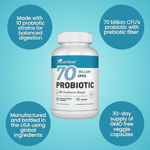 Nature's Base Probiotika 70 Milliarden KBE - 10 Stämme inkl. Lactobacillus Plantarum & Lactobacillus Acidophilus - Präbiotika für die Verdauungsgesundheit von Frauen und Männern - 30 Kapseln