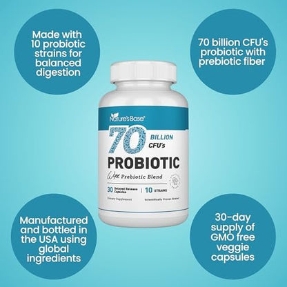 Nature's Base Probiotika 70 Milliarden KBE - 10 Stämme inkl. Lactobacillus Plantarum & Lactobacillus Acidophilus - Präbiotika für die Verdauungsgesundheit von Frauen und Männern - 30 Kapseln