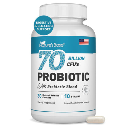 Nature's Base Probiotika 70 Milliarden KBE - 10 Stämme inkl. Lactobacillus Plantarum & Lactobacillus Acidophilus - Präbiotika für die Verdauungsgesundheit von Frauen und Männern - 30 Kapseln