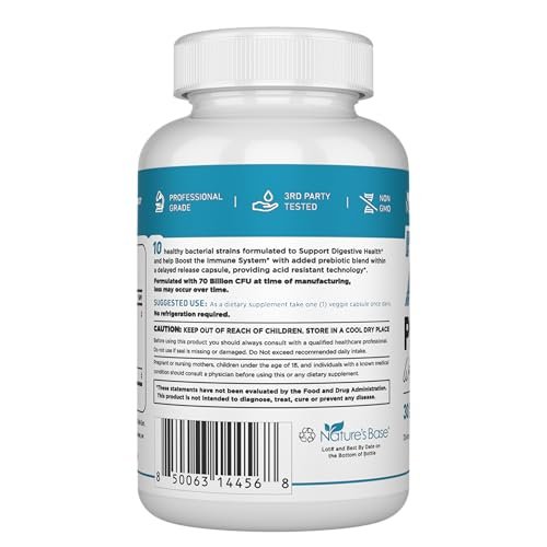 Nature's Base Probiotika 70 Milliarden KBE - 10 Stämme inkl. Lactobacillus Plantarum & Lactobacillus Acidophilus - Präbiotika für die Verdauungsgesundheit von Frauen und Männern - 30 Kapseln