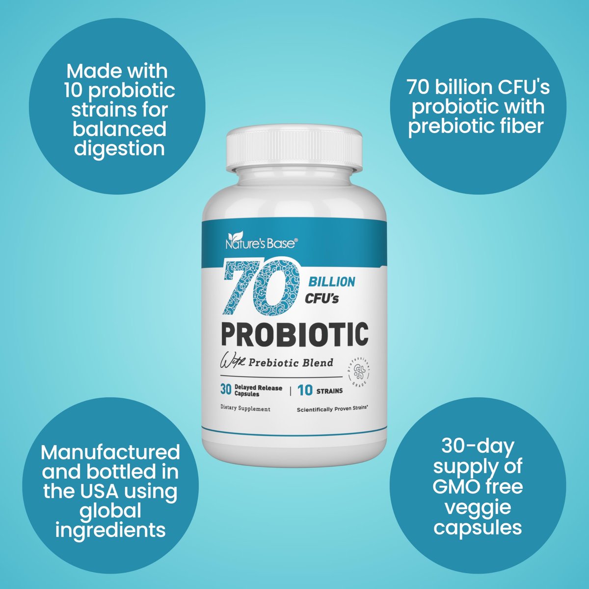 Nature's Base Probiotika 70 Milliarden KBE - 10 Stämme inkl. Lactobacillus Plantarum & Lactobacillus Acidophilus - Präbiotika für die Verdauungsgesundheit von Frauen und Männern - 30 Kapseln