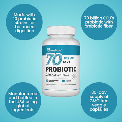 Nature's Base Probiotika 70 Milliarden KBE - 10 Stämme inkl. Lactobacillus Plantarum & Lactobacillus Acidophilus - Präbiotika für die Verdauungsgesundheit von Frauen und Männern - 30 Kapseln