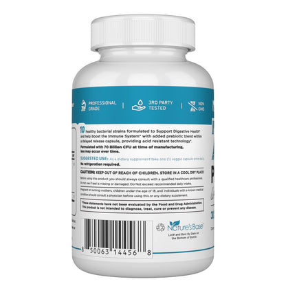 Nature's Base Probiotika 70 Milliarden KBE - 10 Stämme inkl. Lactobacillus Plantarum & Lactobacillus Acidophilus - Präbiotika für die Verdauungsgesundheit von Frauen und Männern - 30 Kapseln