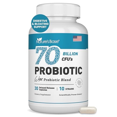 Nature's Base Probiotika 70 Milliarden KBE - 10 Stämme inkl. Lactobacillus Plantarum & Lactobacillus Acidophilus - Präbiotika für die Verdauungsgesundheit von Frauen und Männern - 30 Kapseln