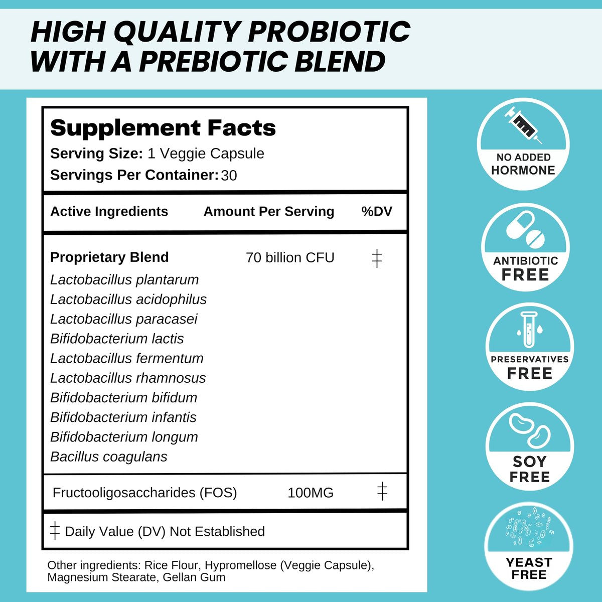 Nature's Base Probiotika 70 Milliarden KBE - 10 Stämme inkl. Lactobacillus Plantarum & Lactobacillus Acidophilus - Präbiotika für die Verdauungsgesundheit von Frauen und Männern - 30 Kapseln
