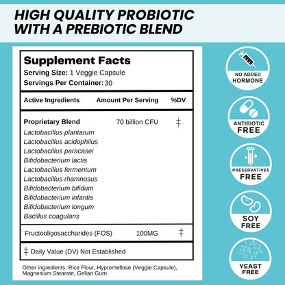 Nature's Base Probiotika 70 Milliarden KBE - 10 Stämme inkl. Lactobacillus Plantarum & Lactobacillus Acidophilus - Präbiotika für die Verdauungsgesundheit von Frauen und Männern - 30 Kapseln