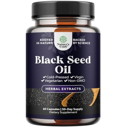 Vegane Schwarzkümmelöl Kapseln – Kaltgepresstes Nigella Sativa Schwarzkümmelsamenöl mit Omega 3 6 9, Antioxidantien & Thymochinon für Haarwachstum, Immununterstützung, Gelenkgesundheit und Verdauung – 60 Stück