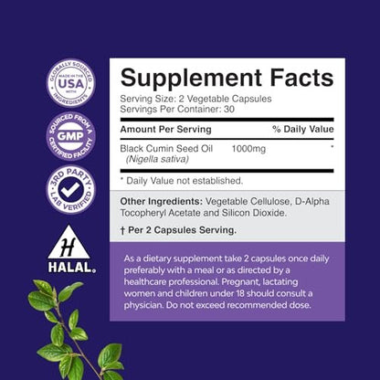 Vegane Schwarzkümmelöl Kapseln – Kaltgepresstes Nigella Sativa Schwarzkümmelsamenöl mit Omega 3 6 9, Antioxidantien & Thymochinon für Haarwachstum, Immununterstützung, Gelenkgesundheit und Verdauung – 60 Stück