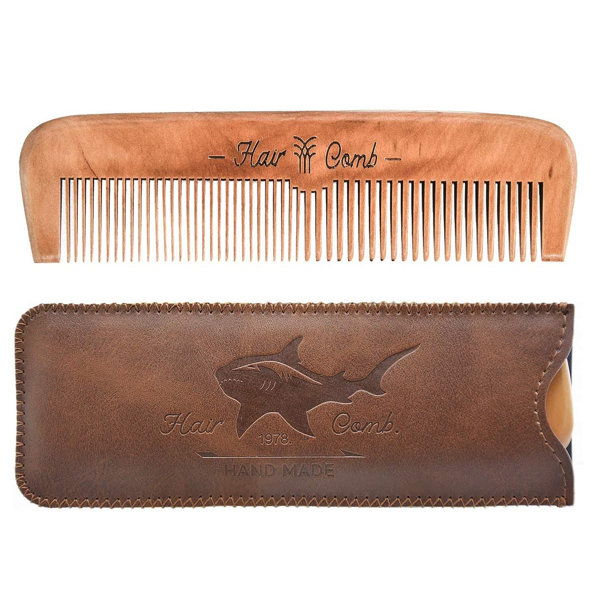 Holzkamm für Männer, Herren Holzbartkamm mit Ledertasche, Kinderkamm (braun, Hai-Design)