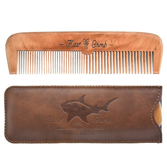 Holzkamm für Männer, Herren Holzbartkamm mit Ledertasche, Kinderkamm (braun, Hai-Design)