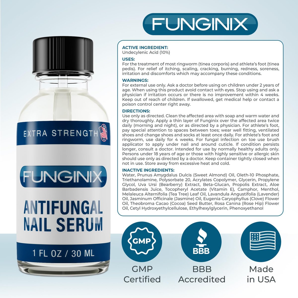 FUNGINIX Pilzbehandlung – Nagelpilz, Zehenpilz, Fußpilz Lösung – Hergestellt in den USA – Extra Stärke (1 Flasche)