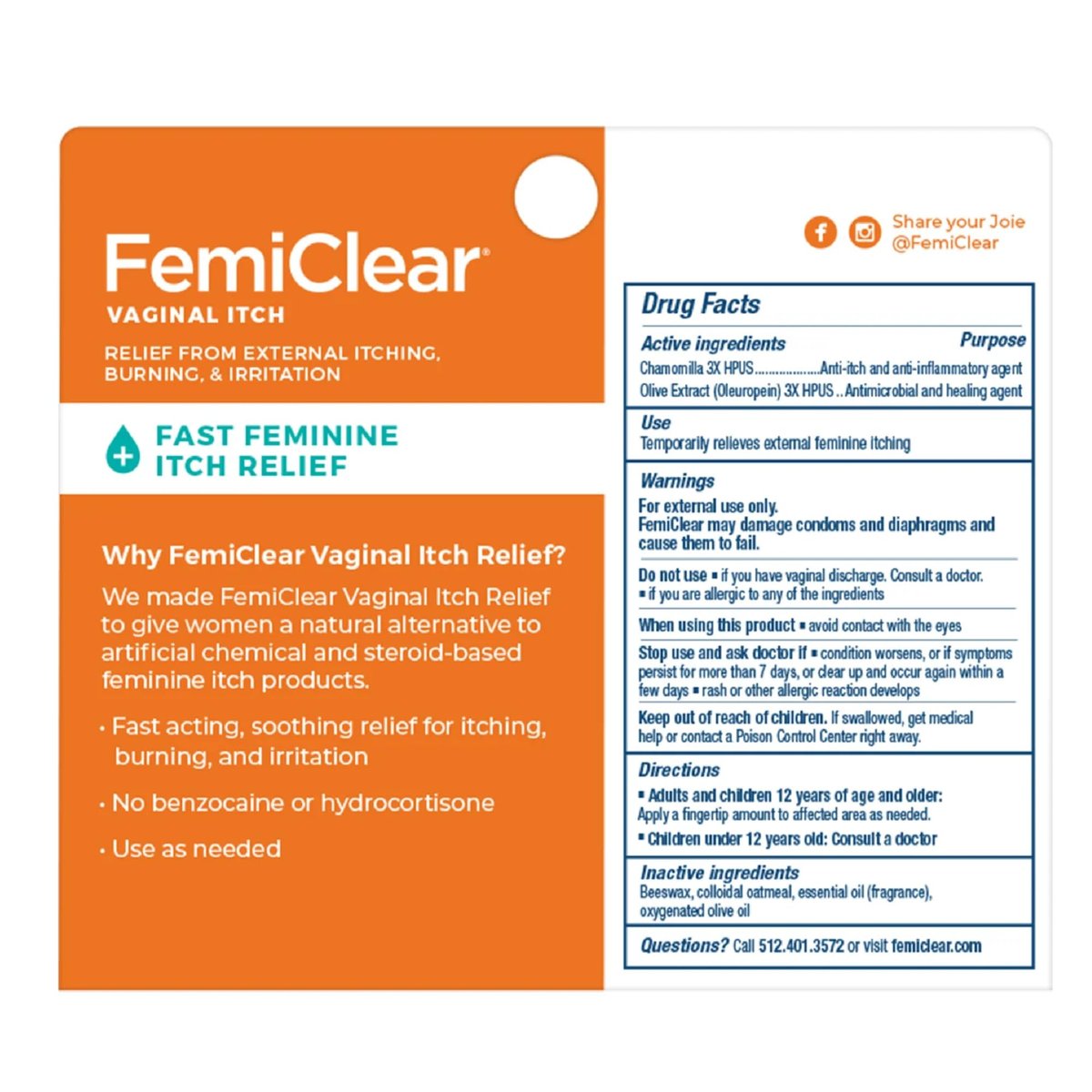 FemiClear Vaginale Juckreizlinderung – Schnelle Linderung bei äußerem Juckreiz – Hergestellt mit natürlichen & Bio-Inhaltsstoffen – 0,5 oz Tube