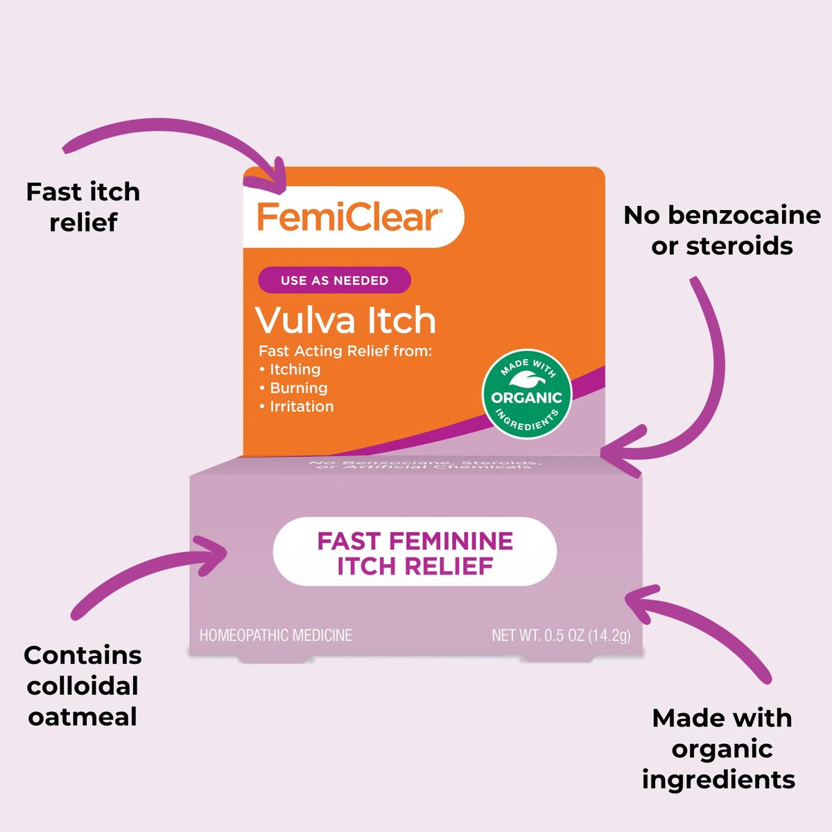 FemiClear Vaginale Juckreizlinderung – Schnelle Linderung bei äußerem Juckreiz – Hergestellt mit natürlichen & Bio-Inhaltsstoffen – 0,5 oz Tube