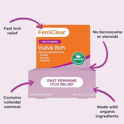 FemiClear Vaginale Juckreizlinderung – Schnelle Linderung bei äußerem Juckreiz – Hergestellt mit natürlichen & Bio-Inhaltsstoffen – 0,5 oz Tube