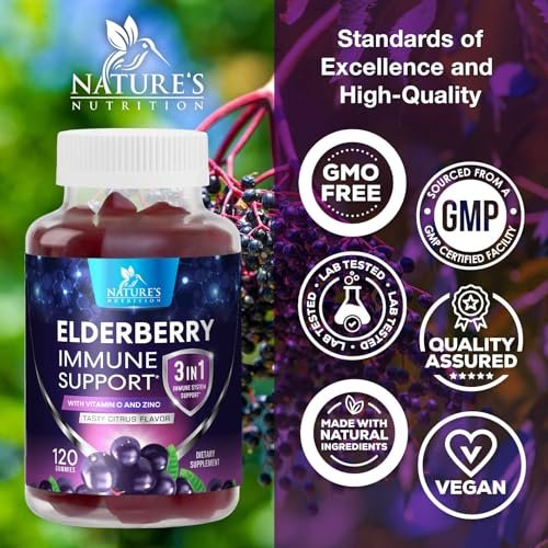 Holunderbeeren Gummis - 3-fach Stärke Schwarzer Holunder Immununterstützung mit Vitamin C, D3 und Zink für Kinder & Erwachsene, Immun-Gummis, Schwarze Holunderbeeren Vitamine - 120 Gummis