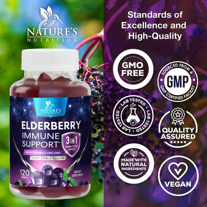 Holunderbeeren Gummis - 3-fach Stärke Schwarzer Holunder Immununterstützung mit Vitamin C, D3 und Zink für Kinder & Erwachsene, Immun-Gummis, Schwarze Holunderbeeren Vitamine - 120 Gummis