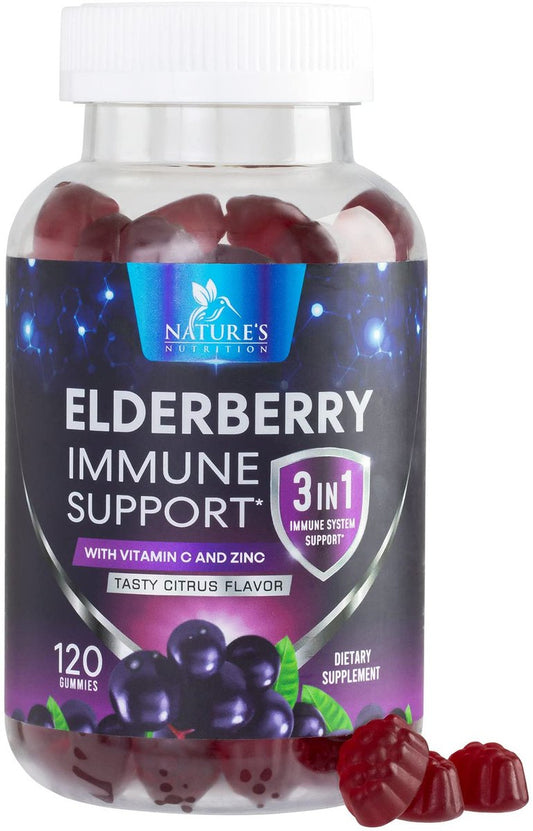 Holunderbeeren Gummis - 3-fach Stärke Schwarzer Holunder Immununterstützung mit Vitamin C, D3 und Zink für Kinder & Erwachsene, Immun-Gummis, Schwarze Holunderbeeren Vitamine - 120 Gummis