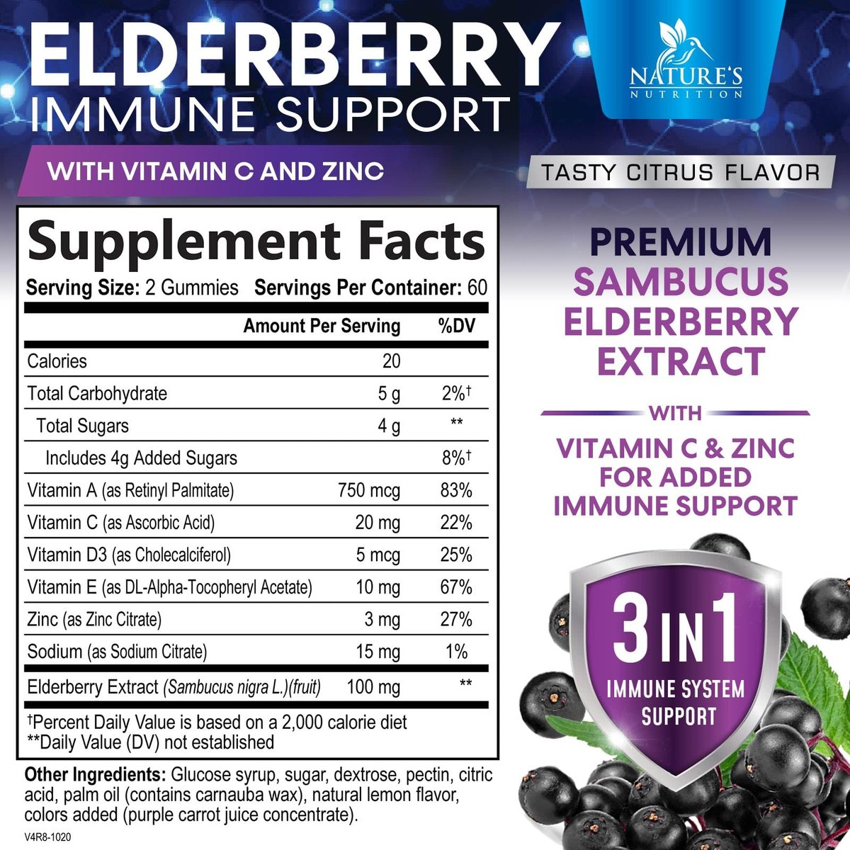 Holunderbeeren Gummis - 3-fach Stärke Schwarzer Holunder Immununterstützung mit Vitamin C, D3 und Zink für Kinder & Erwachsene, Immun-Gummis, Schwarze Holunderbeeren Vitamine - 120 Gummis
