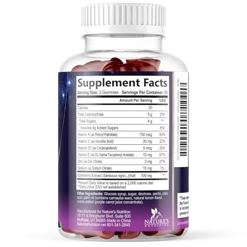 Holunderbeeren Gummis - 3-fach Stärke Schwarzer Holunder Immununterstützung mit Vitamin C, D3 und Zink für Kinder & Erwachsene, Immun-Gummis, Schwarze Holunderbeeren Vitamine - 120 Gummis