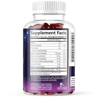 Holunderbeeren Gummis - 3-fach Stärke Schwarzer Holunder Immununterstützung mit Vitamin C, D3 und Zink für Kinder & Erwachsene, Immun-Gummis, Schwarze Holunderbeeren Vitamine - 120 Gummis