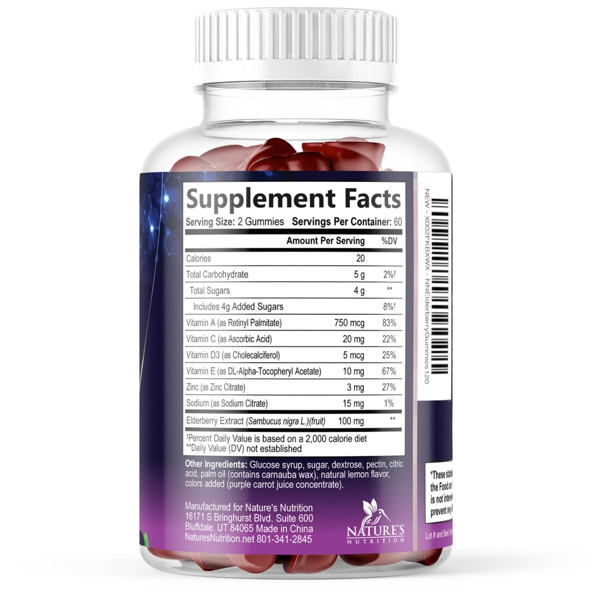 Holunderbeeren Gummis - 3-fach Stärke Schwarzer Holunder Immununterstützung mit Vitamin C, D3 und Zink für Kinder & Erwachsene, Immun-Gummis, Schwarze Holunderbeeren Vitamine - 120 Gummis