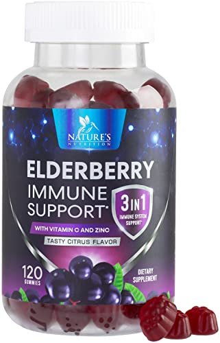 Holunderbeeren Gummis - 3-fach Stärke Schwarzer Holunder Immununterstützung mit Vitamin C, D3 und Zink für Kinder & Erwachsene, Immun-Gummis, Schwarze Holunderbeeren Vitamine - 120 Gummis