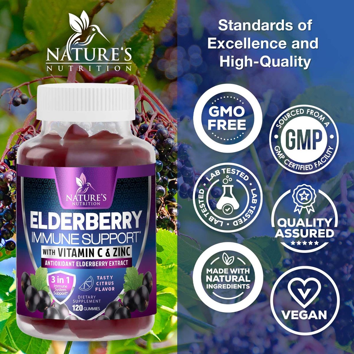 Holunderbeeren Immununterstützung Gummis - 3X Stärke Sambucus Holunder Gummi mit Vitamin C, D3 & Zink - Nature’s Schwarzer Holunder Extrakt - Immununterstützung für Erwachsene & Kinder - 120 Gummis
