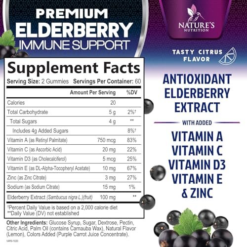 Holunderbeeren Immununterstützung Gummis - 3X Stärke Sambucus Holunder Gummi mit Vitamin C, D3 & Zink - Nature’s Schwarzer Holunder Extrakt - Immununterstützung für Erwachsene & Kinder - 120 Gummis