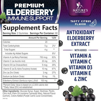 Holunderbeeren Immununterstützung Gummis - 3X Stärke Sambucus Holunder Gummi mit Vitamin C, D3 & Zink - Nature’s Schwarzer Holunder Extrakt - Immununterstützung für Erwachsene & Kinder - 120 Gummis