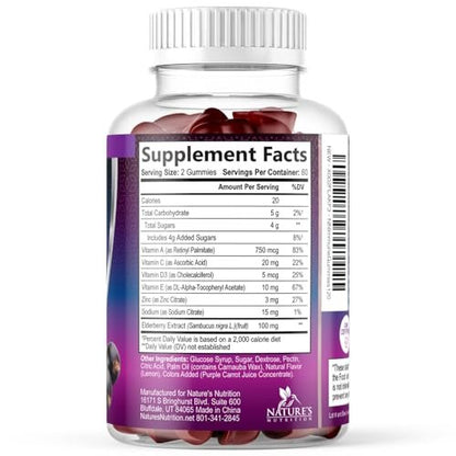 Holunderbeeren Immununterstützung Gummis - 3X Stärke Sambucus Holunder Gummi mit Vitamin C, D3 & Zink - Nature’s Schwarzer Holunder Extrakt - Immununterstützung für Erwachsene & Kinder - 120 Gummis