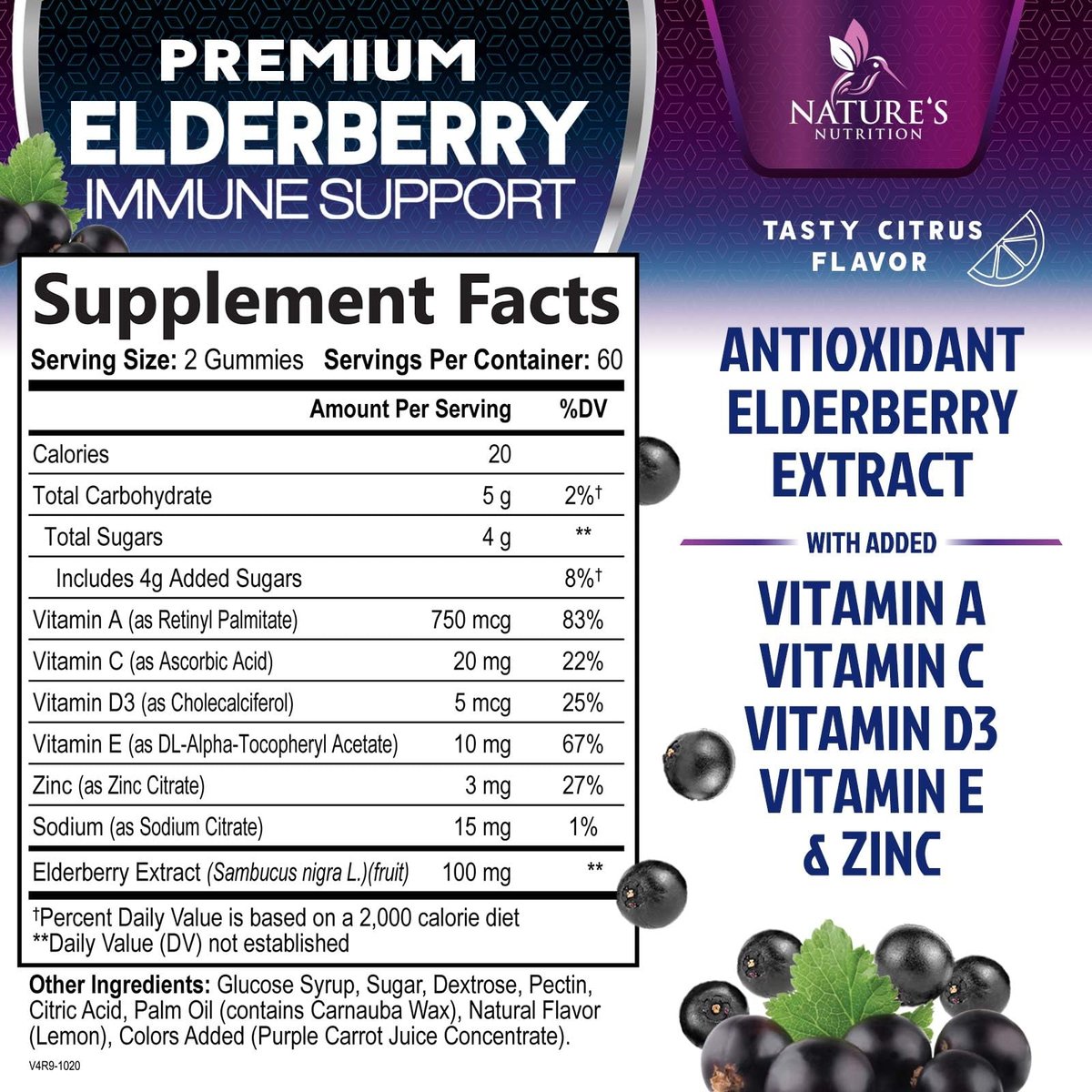 Holunderbeeren Immununterstützung Gummis - 3X Stärke Sambucus Holunder Gummi mit Vitamin C, D3 & Zink - Nature’s Schwarzer Holunder Extrakt - Immununterstützung für Erwachsene & Kinder - 120 Gummis