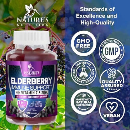 Holunderbeeren Immununterstützung Gummis - 3X Stärke Sambucus Holunder Gummi mit Vitamin C, D3 & Zink - Nature’s Schwarzer Holunder Extrakt - Immununterstützung für Erwachsene & Kinder - 120 Gummis