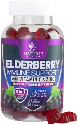 Holunderbeeren Immununterstützung Gummis - 3X Stärke Sambucus Holunder Gummi mit Vitamin C, D3 & Zink - Nature’s Schwarzer Holunder Extrakt - Immununterstützung für Erwachsene & Kinder - 120 Gummis