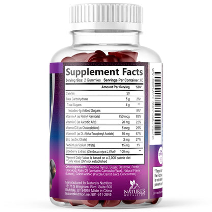 Holunderbeeren Immununterstützung Gummis - 3X Stärke Sambucus Holunder Gummi mit Vitamin C, D3 & Zink - Nature’s Schwarzer Holunder Extrakt - Immununterstützung für Erwachsene & Kinder - 120 Gummis