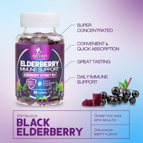 Holunder Gummibärchen zur Immununterstützung – Holunderextrakt Sambucus Nigra – Schwarzer Holunder Vitaminpräparat – Natürliche, tägliche Immununterstützung für Kinder & Erwachsene – Leckerer Beerengeschmack – 60 Gummibärchen