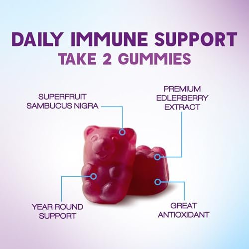 Holunder Gummibärchen zur Immununterstützung – Holunderextrakt Sambucus Nigra – Schwarzer Holunder Vitaminpräparat – Natürliche, tägliche Immununterstützung für Kinder & Erwachsene – Leckerer Beerengeschmack – 60 Gummibärchen