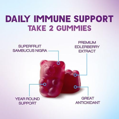 Holunder Gummibärchen zur Immununterstützung – Holunderextrakt Sambucus Nigra – Schwarzer Holunder Vitaminpräparat – Natürliche, tägliche Immununterstützung für Kinder & Erwachsene – Leckerer Beerengeschmack – 60 Gummibärchen