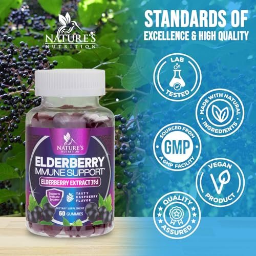 Holunder Gummibärchen zur Immununterstützung – Holunderextrakt Sambucus Nigra – Schwarzer Holunder Vitaminpräparat – Natürliche, tägliche Immununterstützung für Kinder & Erwachsene – Leckerer Beerengeschmack – 60 Gummibärchen