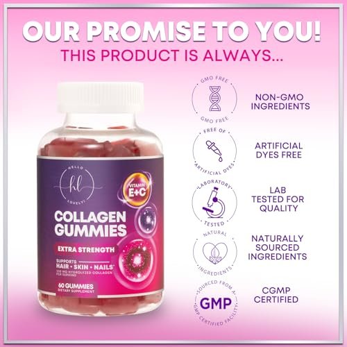 Hello Lovely! Kollagen-Gummibärchen für Haarwachstum - 2500 mcg D-Biotin pro Portion - Hydrolysierte Kollagenpeptide Typ I, III - Vitamin C & Zink - Unterstützung für Haut, Nägel & Gelenke für Frauen & Männer - Beerengeschmack, 60 Gummibärchen