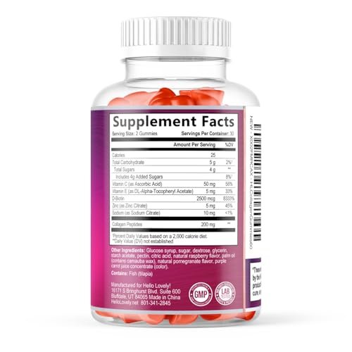 Hello Lovely! Kollagen-Gummibärchen für Haarwachstum - 2500 mcg D-Biotin pro Portion - Hydrolysierte Kollagenpeptide Typ I, III - Vitamin C & Zink - Unterstützung für Haut, Nägel & Gelenke für Frauen & Männer - Beerengeschmack, 60 Gummibärchen