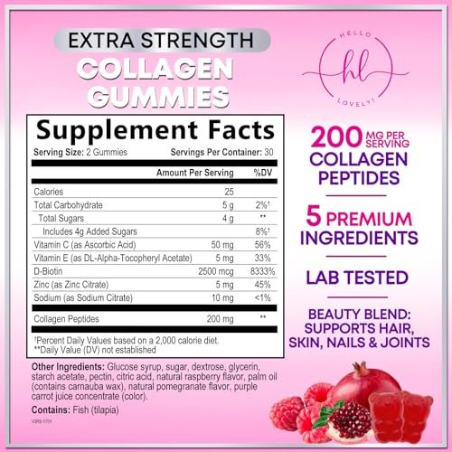 Hello Lovely! Kollagen-Gummibärchen für Haarwachstum - 2500 mcg D-Biotin pro Portion - Hydrolysierte Kollagenpeptide Typ I, III - Vitamin C & Zink - Unterstützung für Haut, Nägel & Gelenke für Frauen & Männer - Beerengeschmack, 60 Gummibärchen