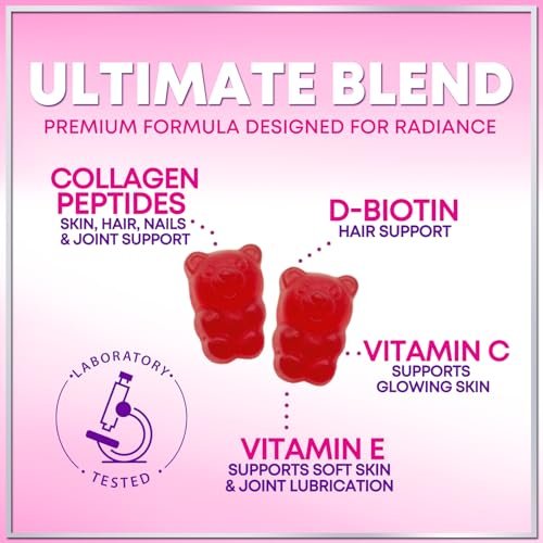 Hello Lovely! Kollagen-Gummibärchen für Haarwachstum - 2500 mcg D-Biotin pro Portion - Hydrolysierte Kollagenpeptide Typ I, III - Vitamin C & Zink - Unterstützung für Haut, Nägel & Gelenke für Frauen & Männer - Beerengeschmack, 60 Gummibärchen