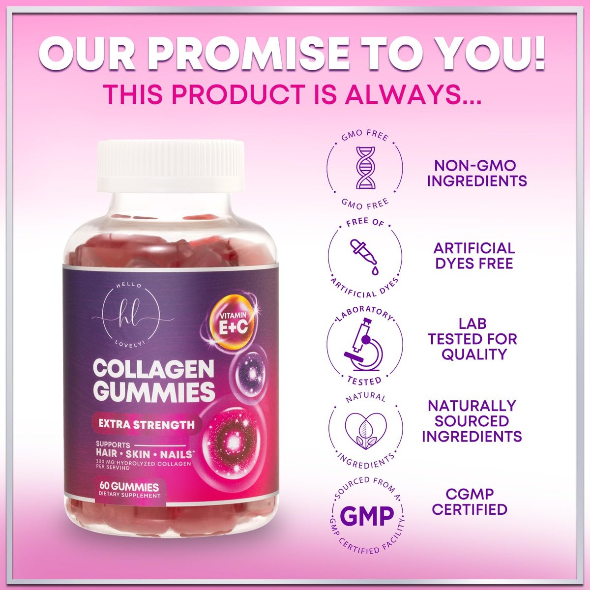 Hello Lovely! Kollagen-Gummibärchen für Haarwachstum - 2500 mcg D-Biotin pro Portion - Hydrolysierte Kollagenpeptide Typ I, III - Vitamin C & Zink - Unterstützung für Haut, Nägel & Gelenke für Frauen & Männer - Beerengeschmack, 60 Gummibärchen