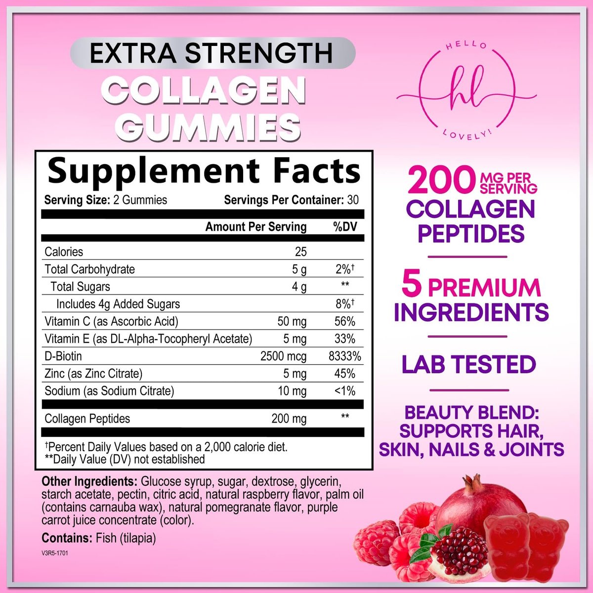 Hello Lovely! Kollagen-Gummibärchen für Haarwachstum - 2500 mcg D-Biotin pro Portion - Hydrolysierte Kollagenpeptide Typ I, III - Vitamin C & Zink - Unterstützung für Haut, Nägel & Gelenke für Frauen & Männer - Beerengeschmack, 60 Gummibärchen