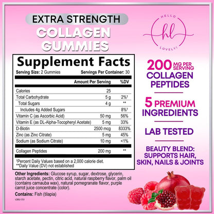 Hello Lovely! Kollagen-Gummibärchen für Haarwachstum - 2500 mcg D-Biotin pro Portion - Hydrolysierte Kollagenpeptide Typ I, III - Vitamin C & Zink - Unterstützung für Haut, Nägel & Gelenke für Frauen & Männer - Beerengeschmack, 60 Gummibärchen